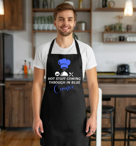Apron - Hot Stuff Coming through in Blue Cursive