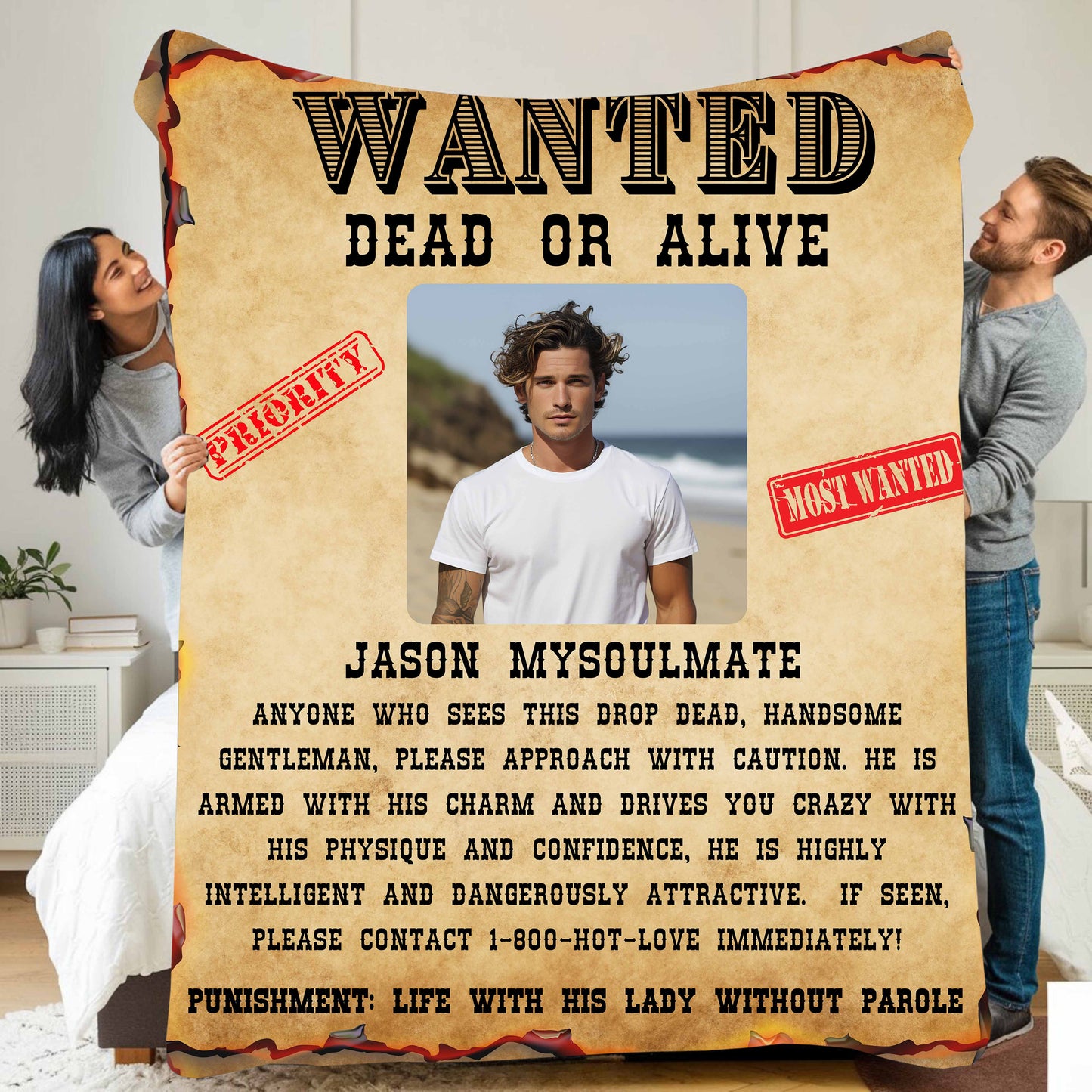 Wanted Dead or Alive | Personalized Photo and Name | Blanket for Him