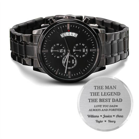 The Man, The Legend, The Best Dad | Engraved Design Black Chronograph Watch