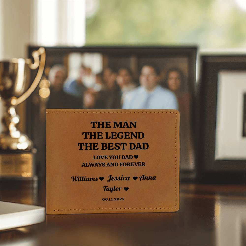 The Man, The Legend, The Best Dad | Personalized Kids Names | Leather Wallet | Great Father's Day Gift