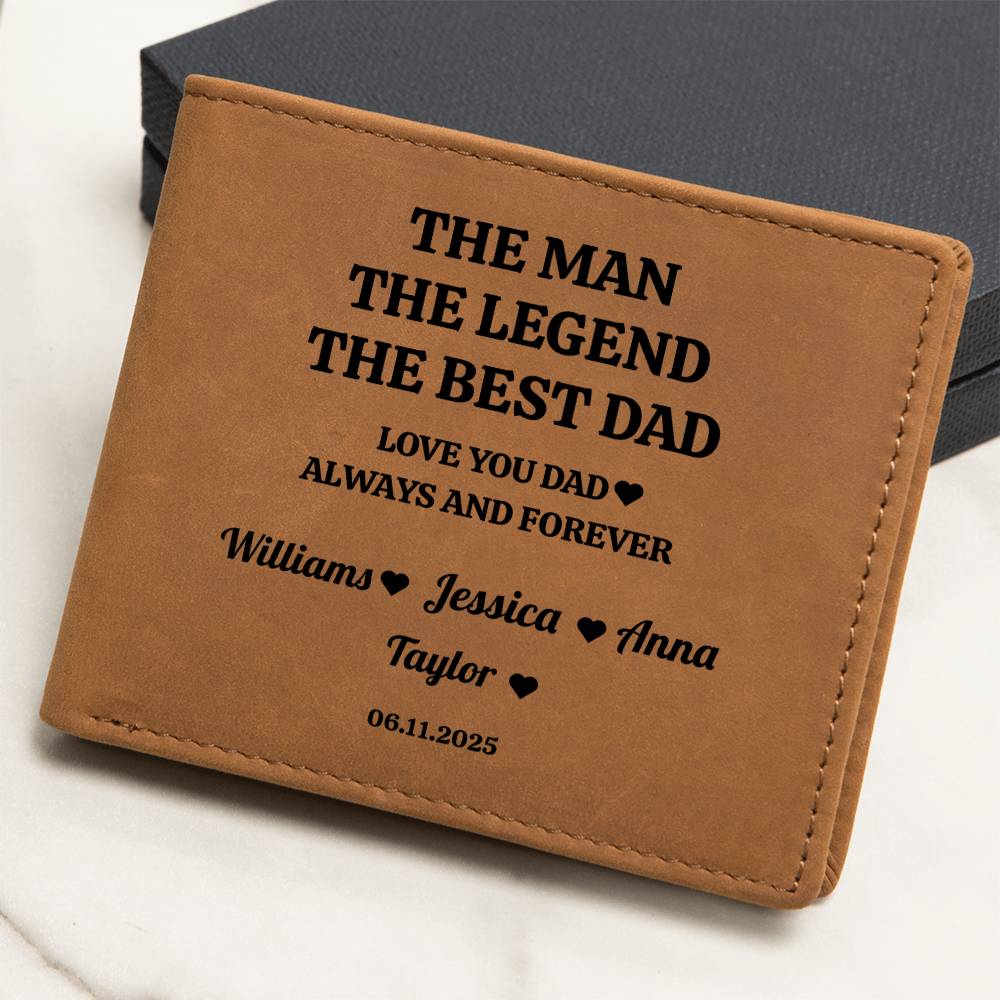 The Man, The Legend, The Best Dad | Personalized Kids Names | Leather Wallet | Great Father's Day Gift