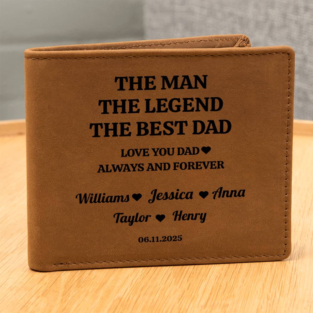 The Man, The Legend, The Best Dad | Personalized Kids Names | Leather Wallet | Great Father's Day Gift